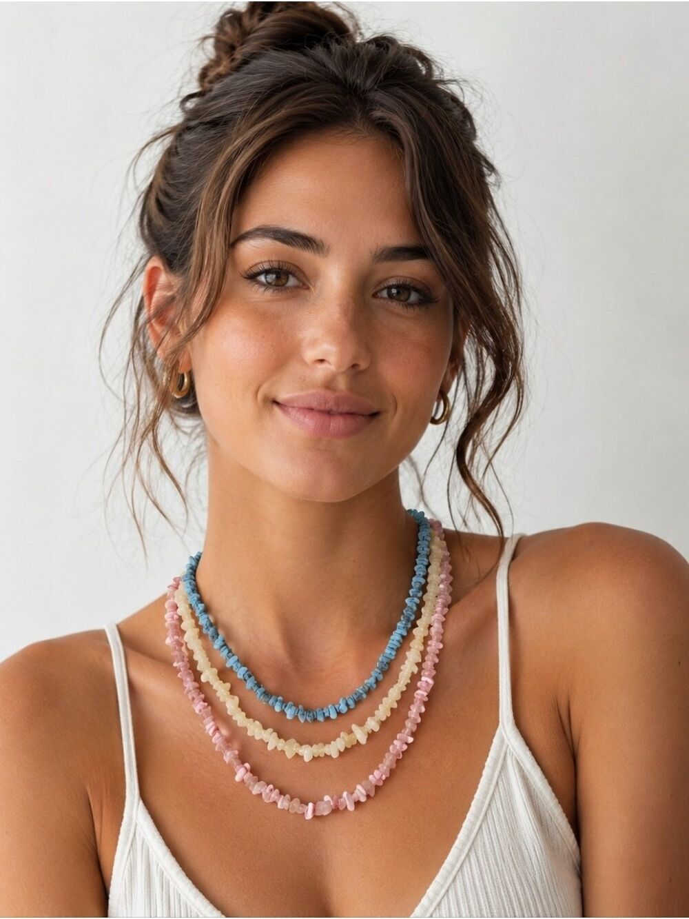 Vintage Pastel Shell Chip Bead Layered Necklace Set Boho Beachy Turquoise Pink